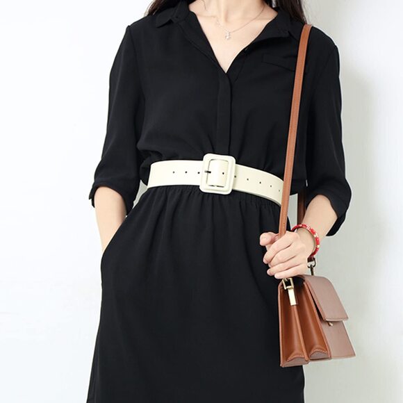9239 Women Wide Leather Belt Classic Solid Color Large Square Buckle Retro main image 8